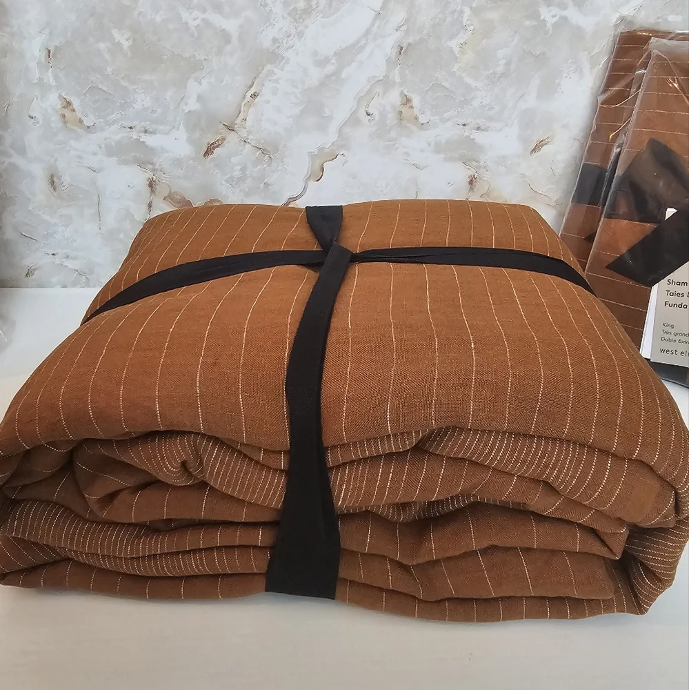 **European Flax Linen Graduated Stripe King Duvet Cover & Euro Shams Amber